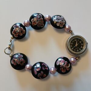 Women's Stylish Fashion Floral Black Pink Art Glass Silver Beads Quartz Watch